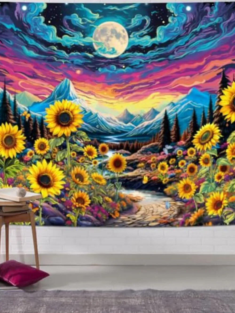 BRAND NEW Blacklight Moon Sunflower Tapestry Starry Night 59.1L x 51.2W